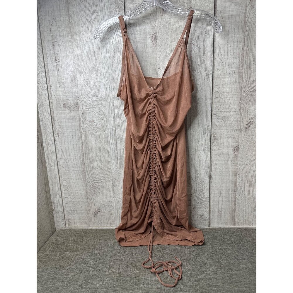 Womens Tan Sheer Beach Dress Ruched Gathered Front Tie Pool Resort Cruise Summer